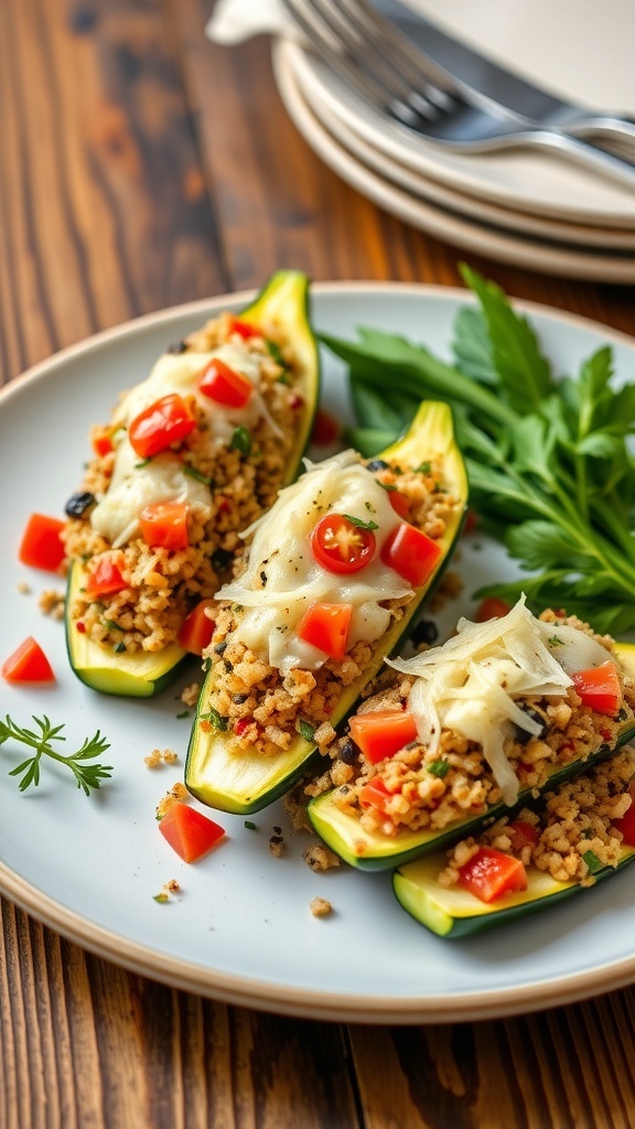Stuffed zucchini boats with quinoa, tomatoes, and cheese, garnished with herbs on a rustic table.